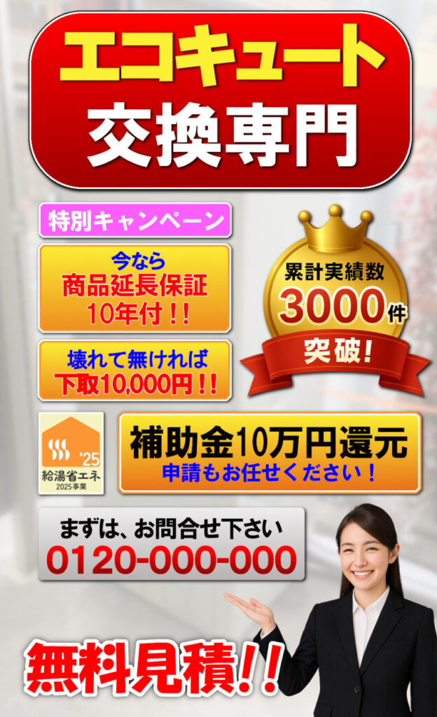 エコキュート 入替 交換 取付
商品延長保証10年付
下取りあります
補助金10万円
申請もお任せください
